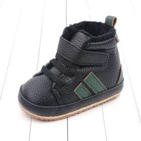 Winter Fleece-lined Baby Cotton-padded Shoes High-top (Option: Black And Green-11cm)