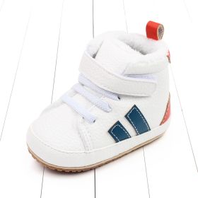 Winter Fleece-lined Baby Cotton-padded Shoes High-top (Option: White And Blue-11cm)