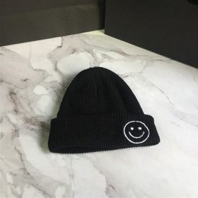 Smiling Face Embroidery Baby Knitted Hat Autumn Winter Warm Infant Toddler Beanie Hat Outdoor Windproof Girls Boys Bonnet Cap (Color: black)