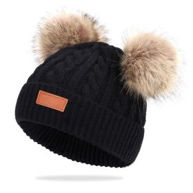 Cute Double Wool Pompom Baby Hat Children Cap Warm Autumn Winter Hats For Kids Boys Girls Knitted Warmer Beanie Caps Bonnet (Color: black)