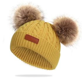 Cute Double Wool Pompom Baby Hat Children Cap Warm Autumn Winter Hats For Kids Boys Girls Knitted Warmer Beanie Caps Bonnet (Color: yellow)